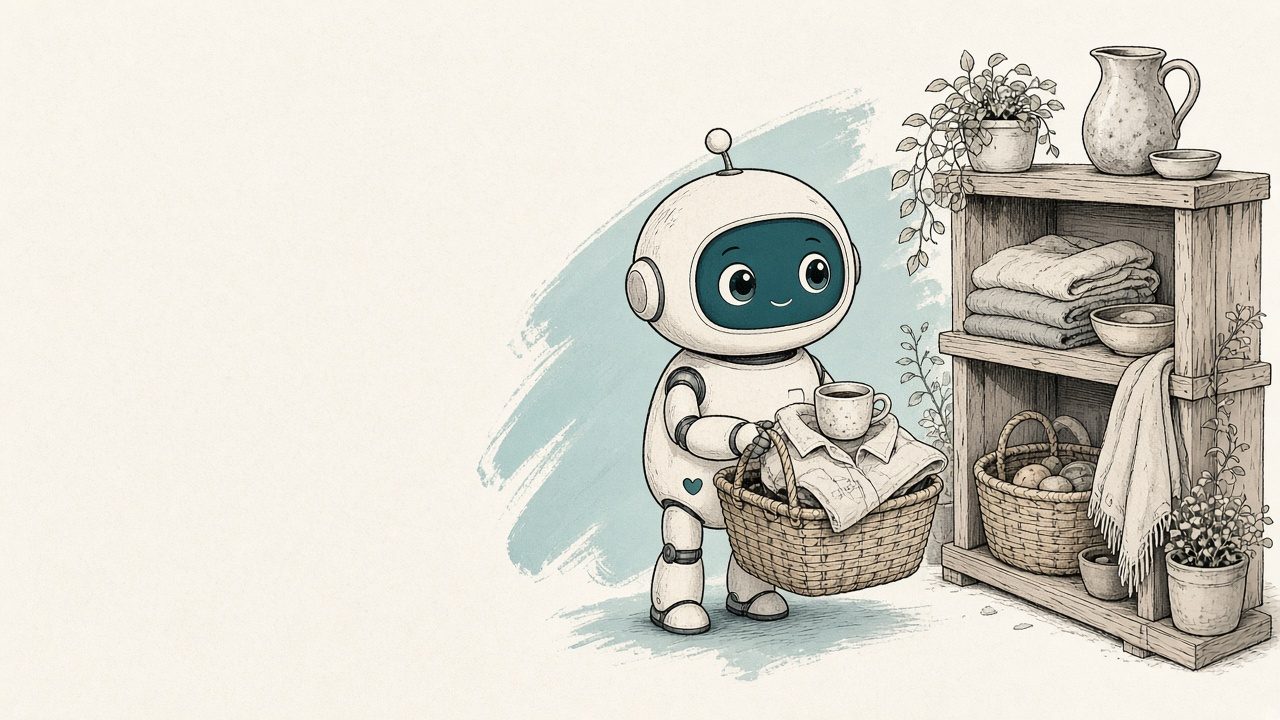 Friendly AI shopping agent robot carrying a basket past a shop shelf