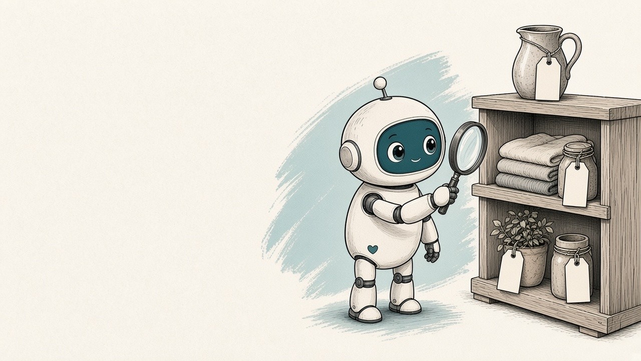 A small friendly robot holding a magnifying glass up to a tagged shelf of handmade products