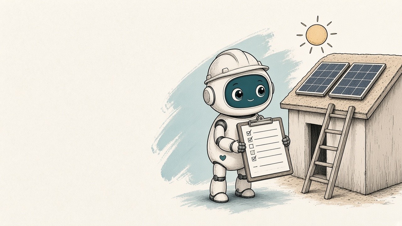 A small robot in a hard hat holding a ticked checklist beside a roof with solar panels
