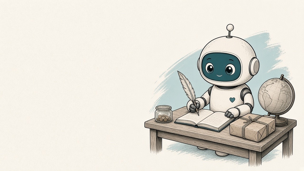 A small robot writing in a notebook with a quill at a desk, beside a globe and a wrapped parcel
