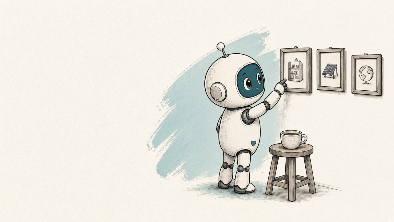 A small friendly robot hanging framed sketches of a shop shelf, a solar panel and a globe on a gallery wall